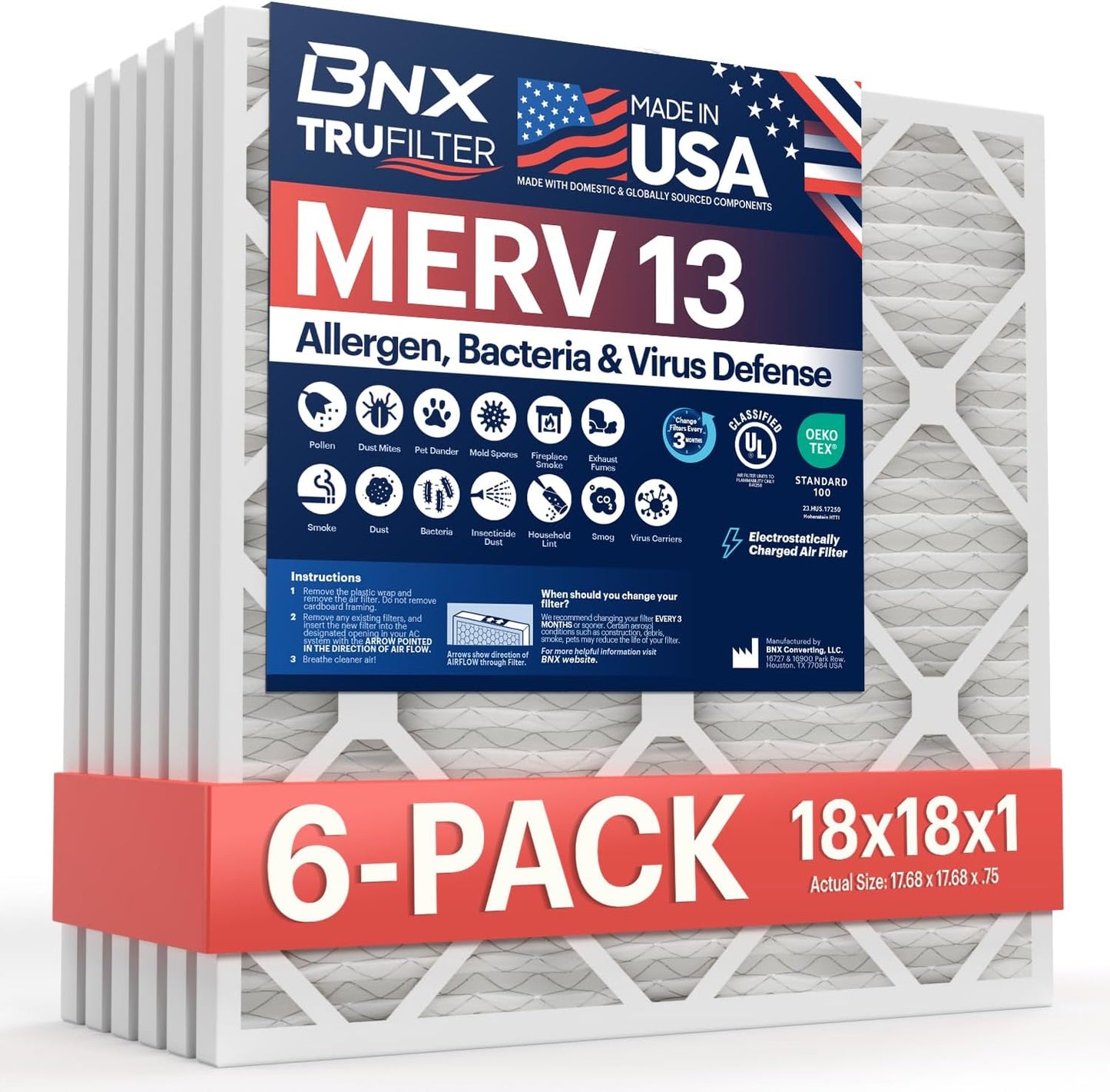 BNX TruFilter 18x18x1 Air Filter MERV 13 for Allergies & More