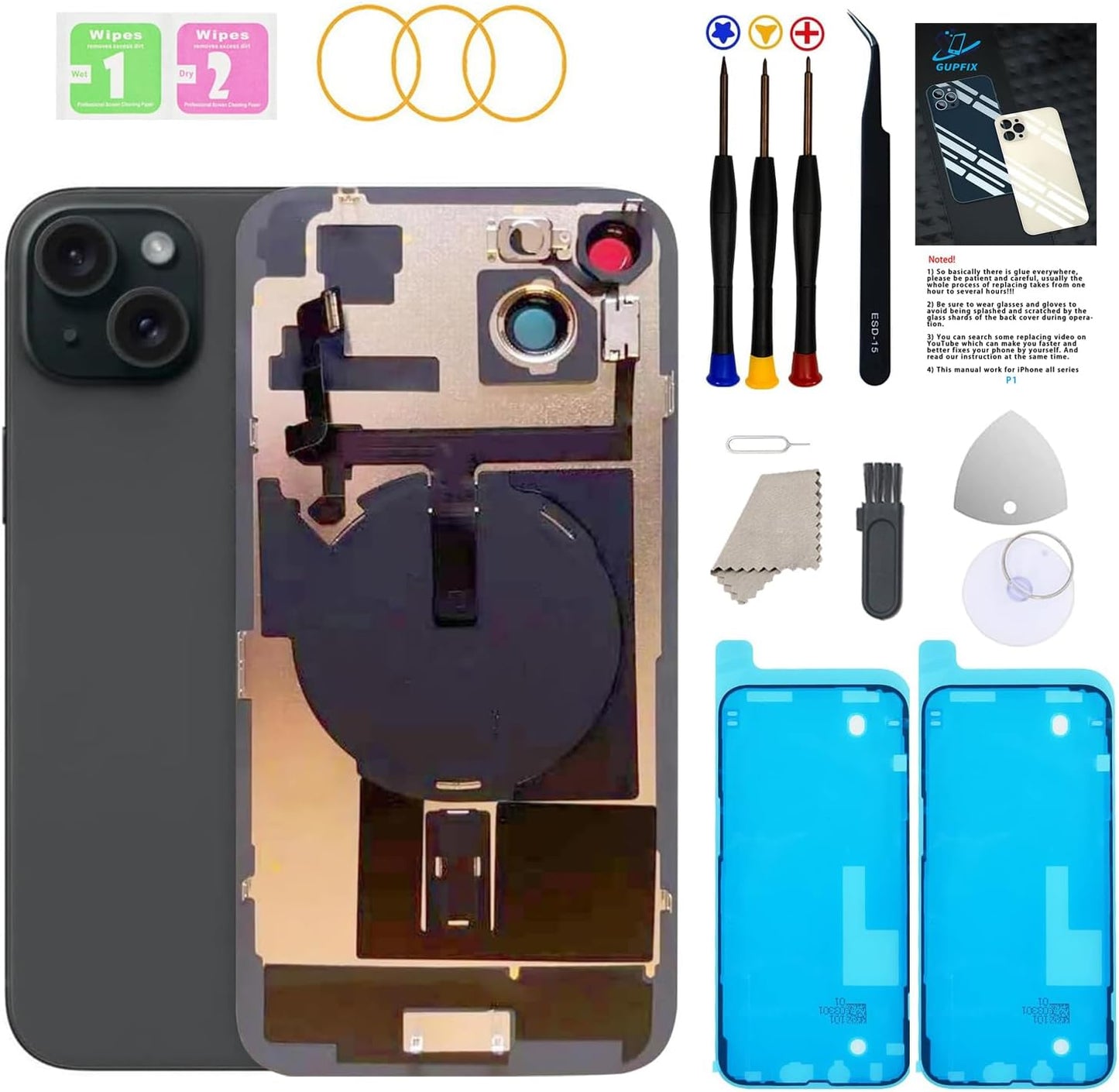 Back Glass Replacement for iPhone 15 with Repair Tools Kit