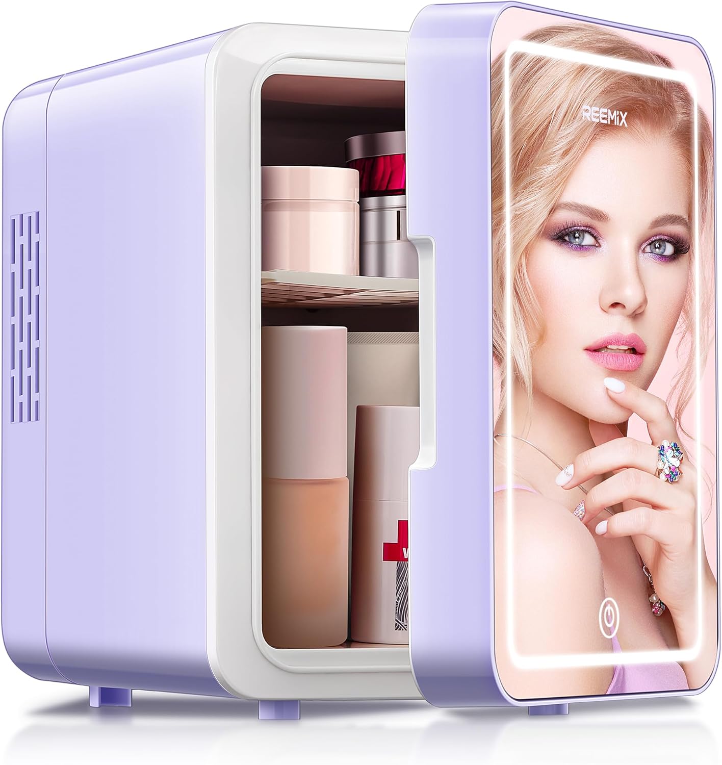 Skincare Fridge with Dimmable LED Mirror for Cosmetics Storage