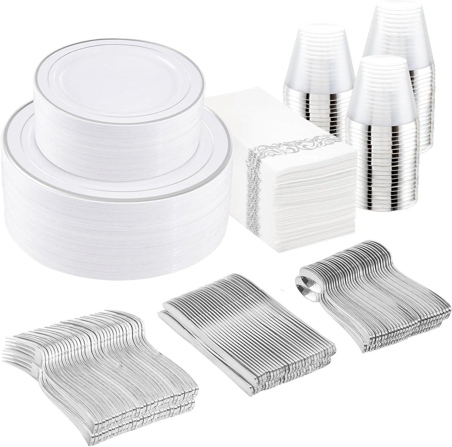 350Pcs Silver Plastic Dinnerware Set for Elegant Parties
