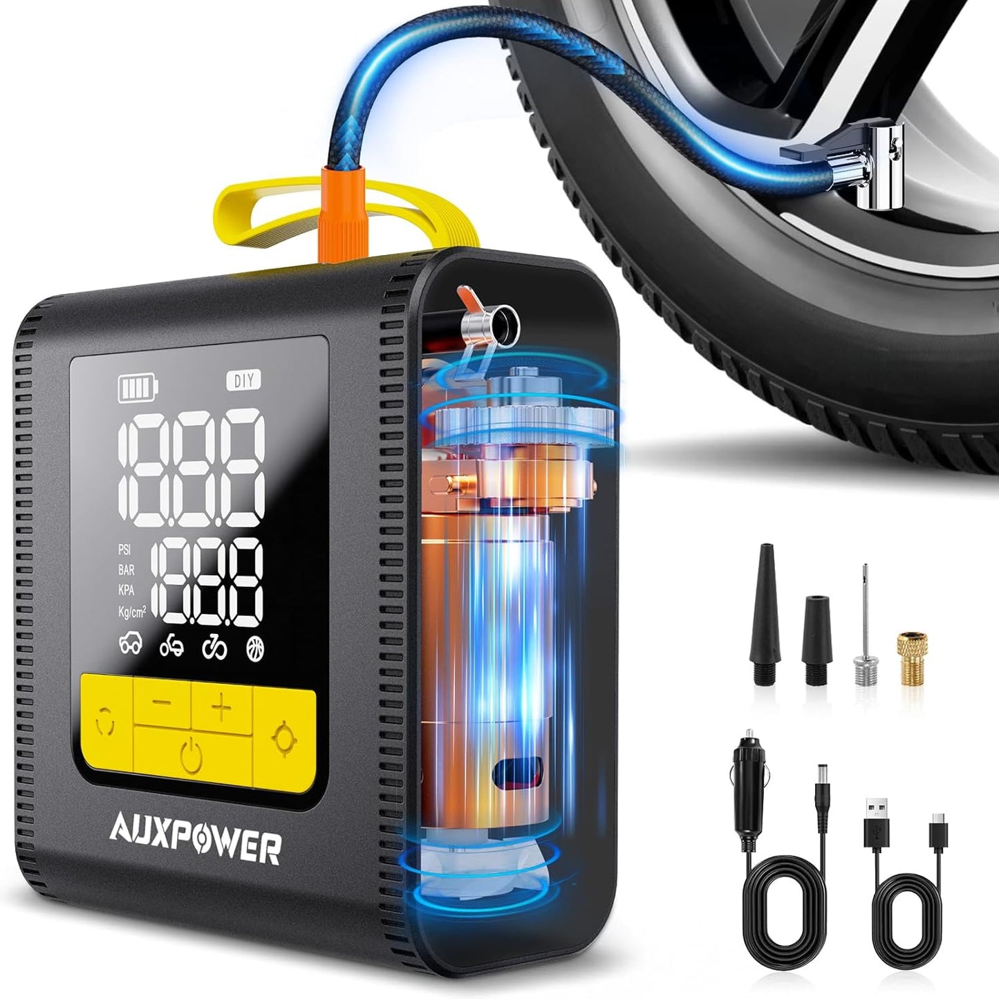 Auxpower H4 Portable Tire Inflator - 150PSI Fast Inflation & LED Light