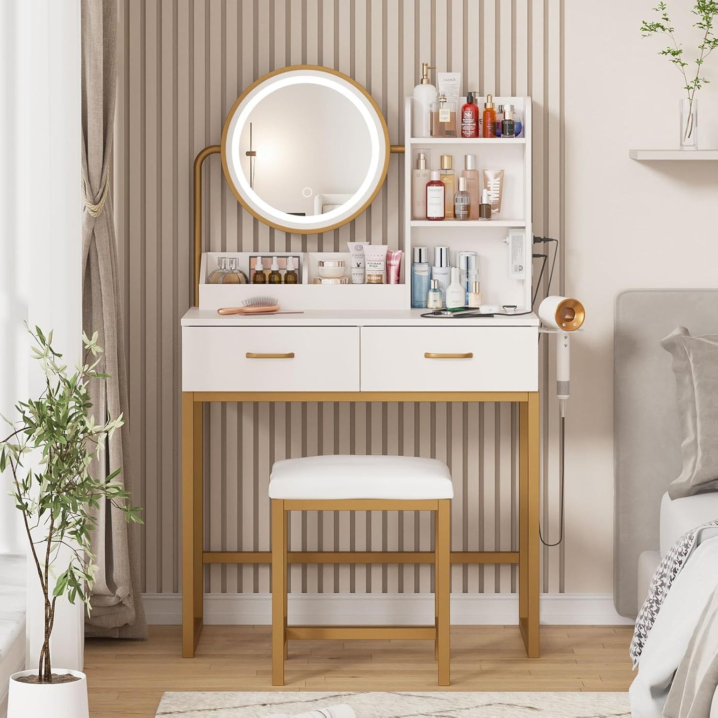 Elegant White Makeup Vanity with Round Mirror and Lights