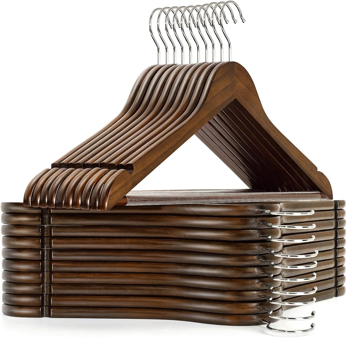 Vintage Wooden Coat Hangers with Non-Slip Pant Bar - 30 Pack