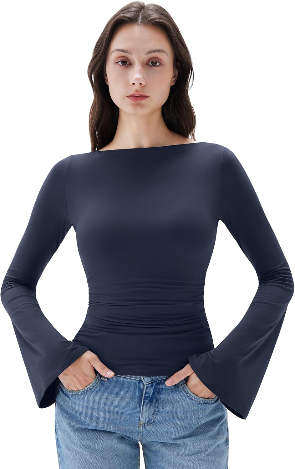 SUUKSESS Women Crew Neck Bell Sleeve Tops for Stylish Outings