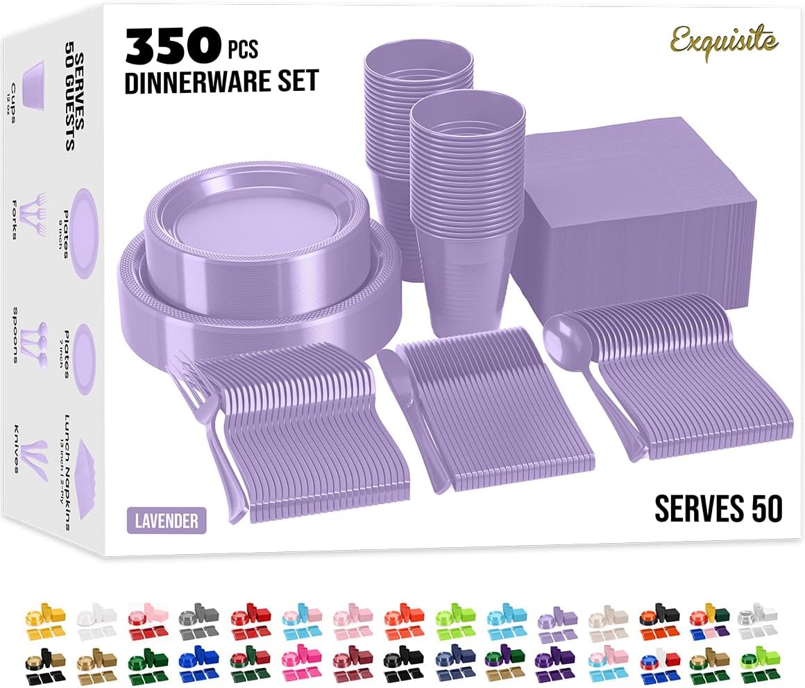 Lavender Plastic Plates Set for Party with Cups and Cutlery