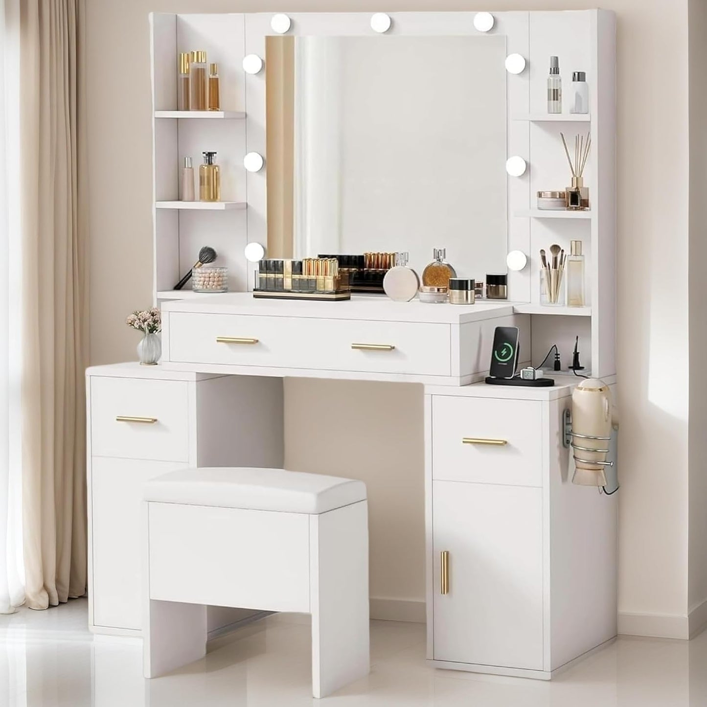 DWVO Vanity Desk with Large Mirror and LED Lights for Makeup