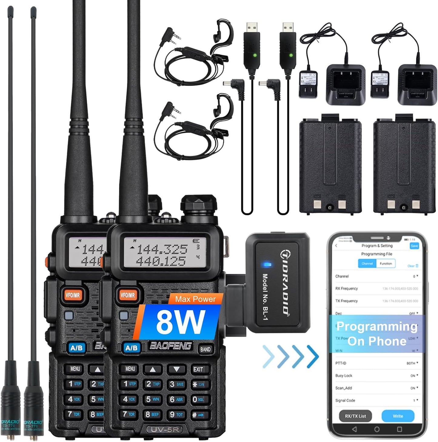 BaoFeng UV-5R 8W High Power Ham Radio with Wireless Programmer