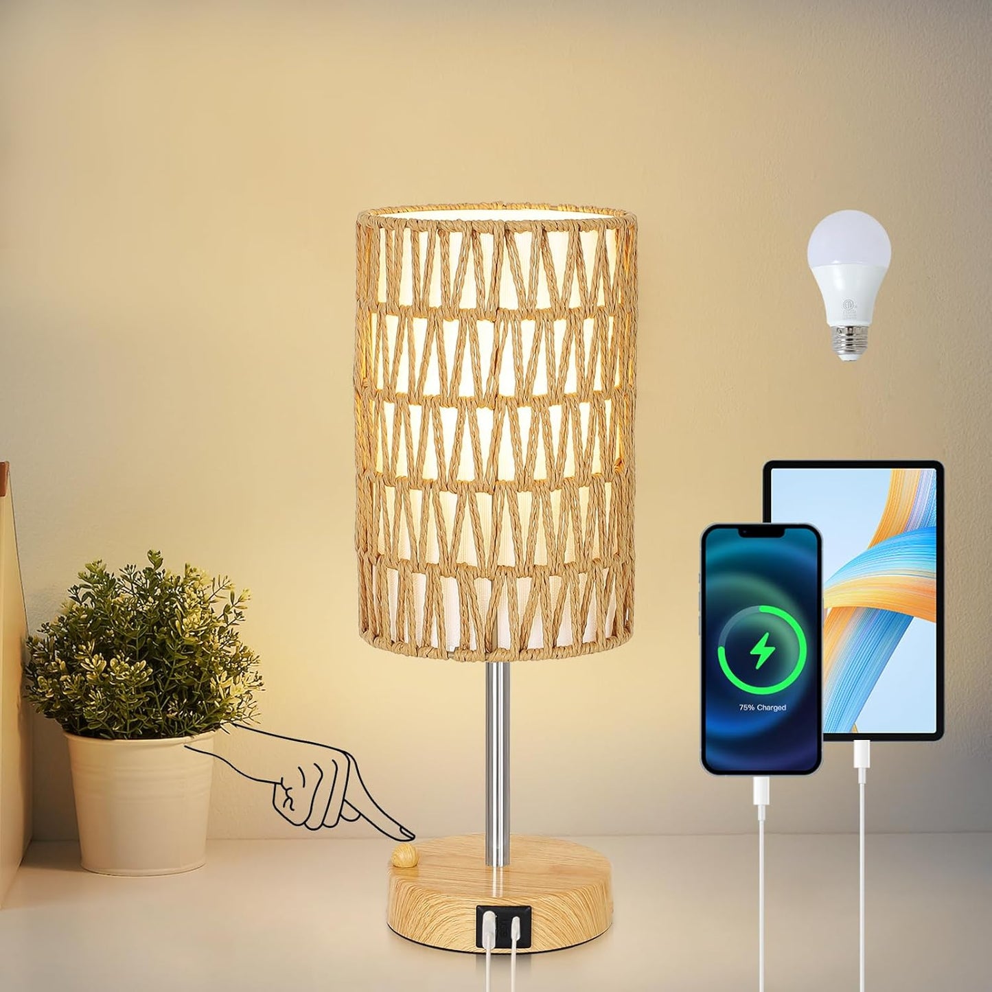 Boho Table Lamp with Touch Control & USB Charging for Bedroom