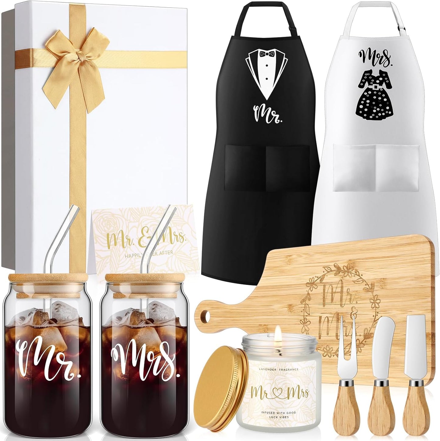 12 Pcs Wedding Gifts for Couples Mr Mrs Glass Cups Aprons Set