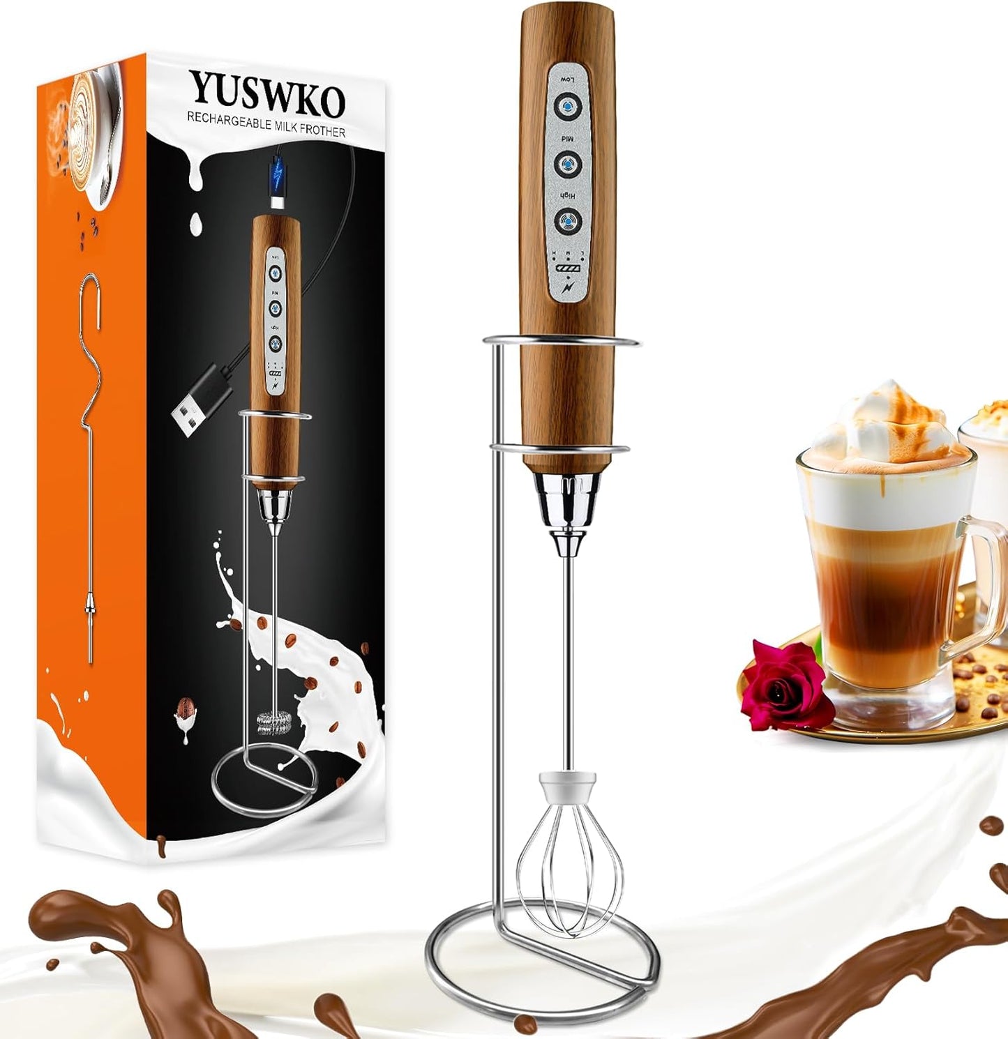 YUSWKO Rechargeable Milk Frother - 3 Speeds & Heads