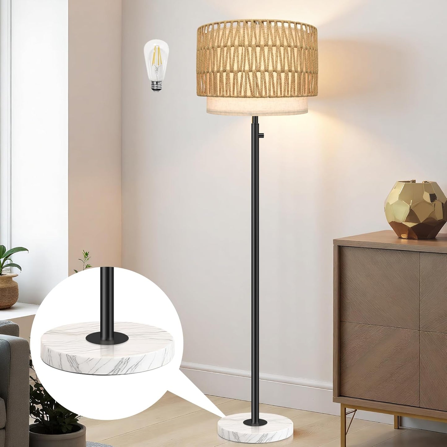 Dimmable Rattan Floor Lamp for Bedroom and Office Use