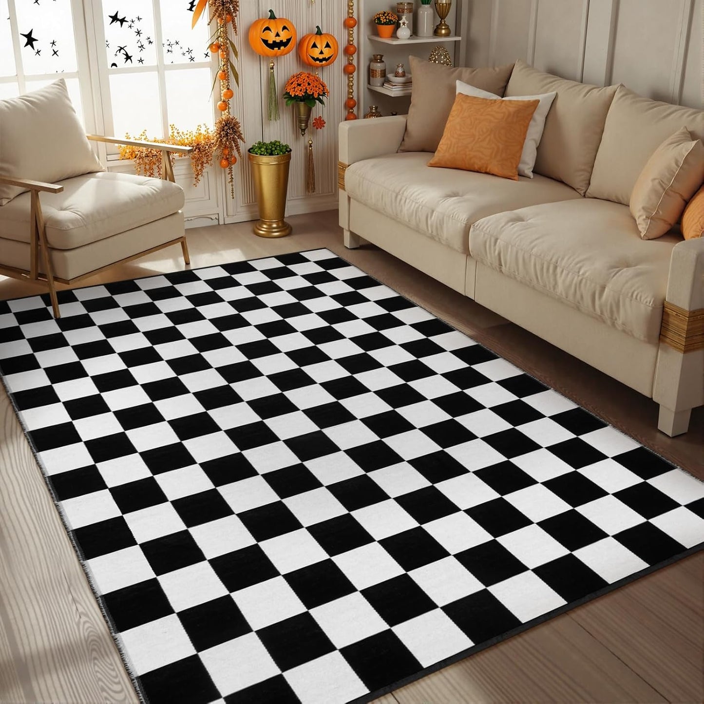 Seavish Checkered Rug - 4x6 Ft Cotton Woven Indoor Carpet