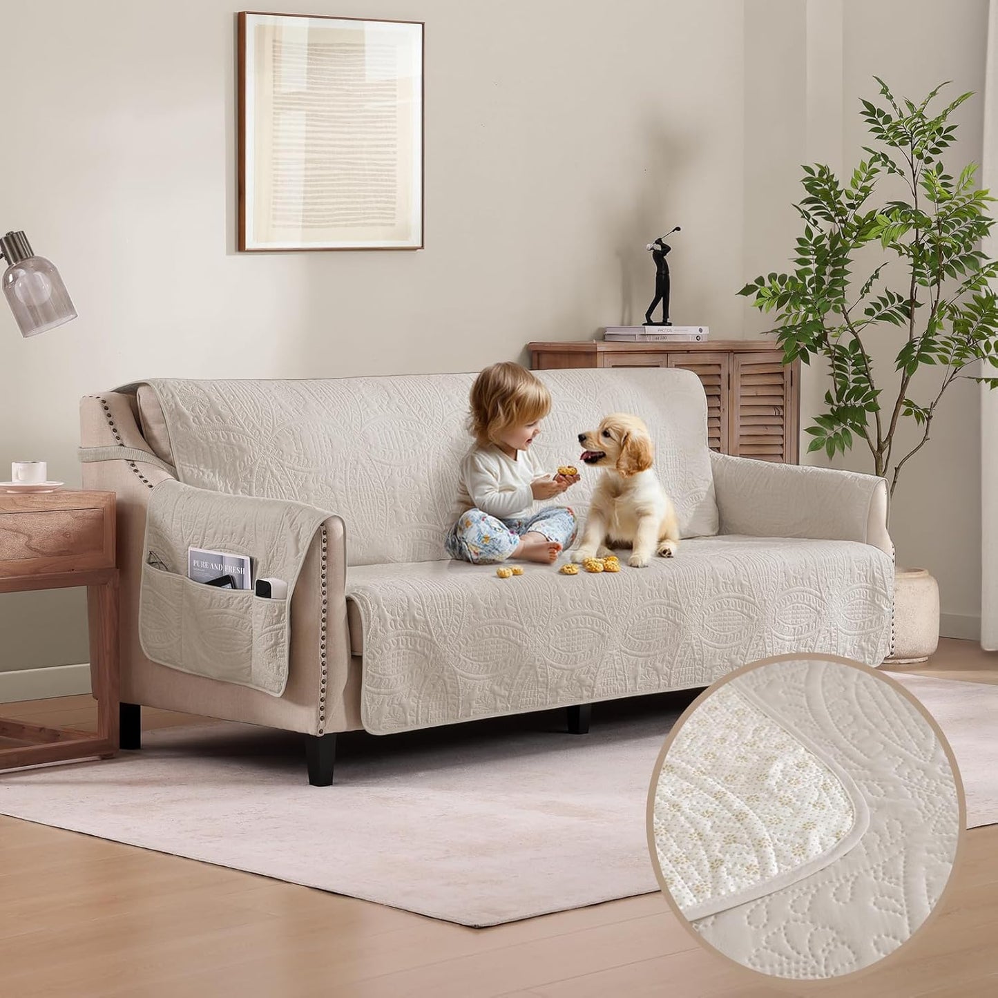 Quilted Beige Grand Sofa Couch Covers for Large Sofas 88in
