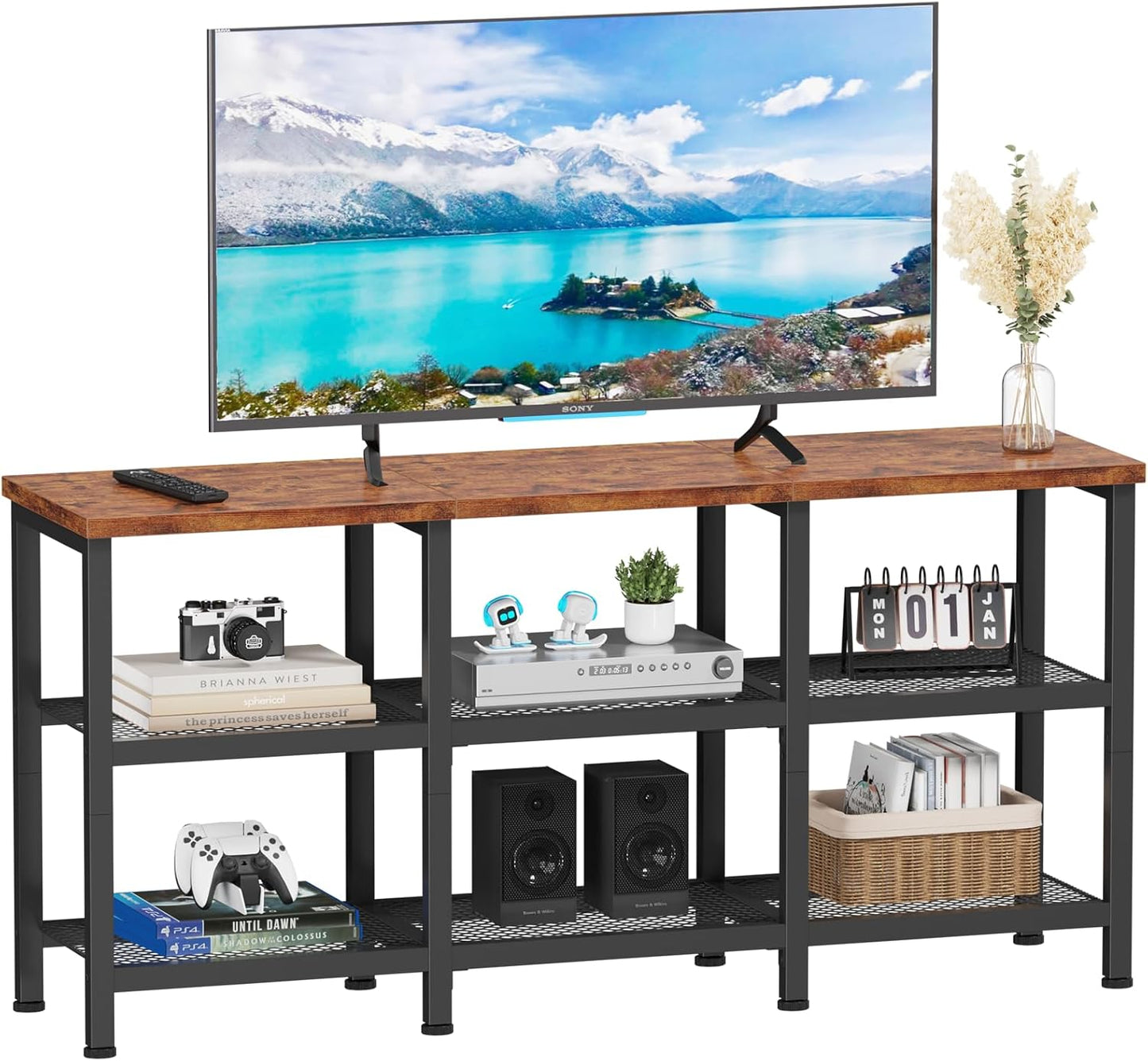 Rustic Brown TV Stand with 3-Tier Shelves