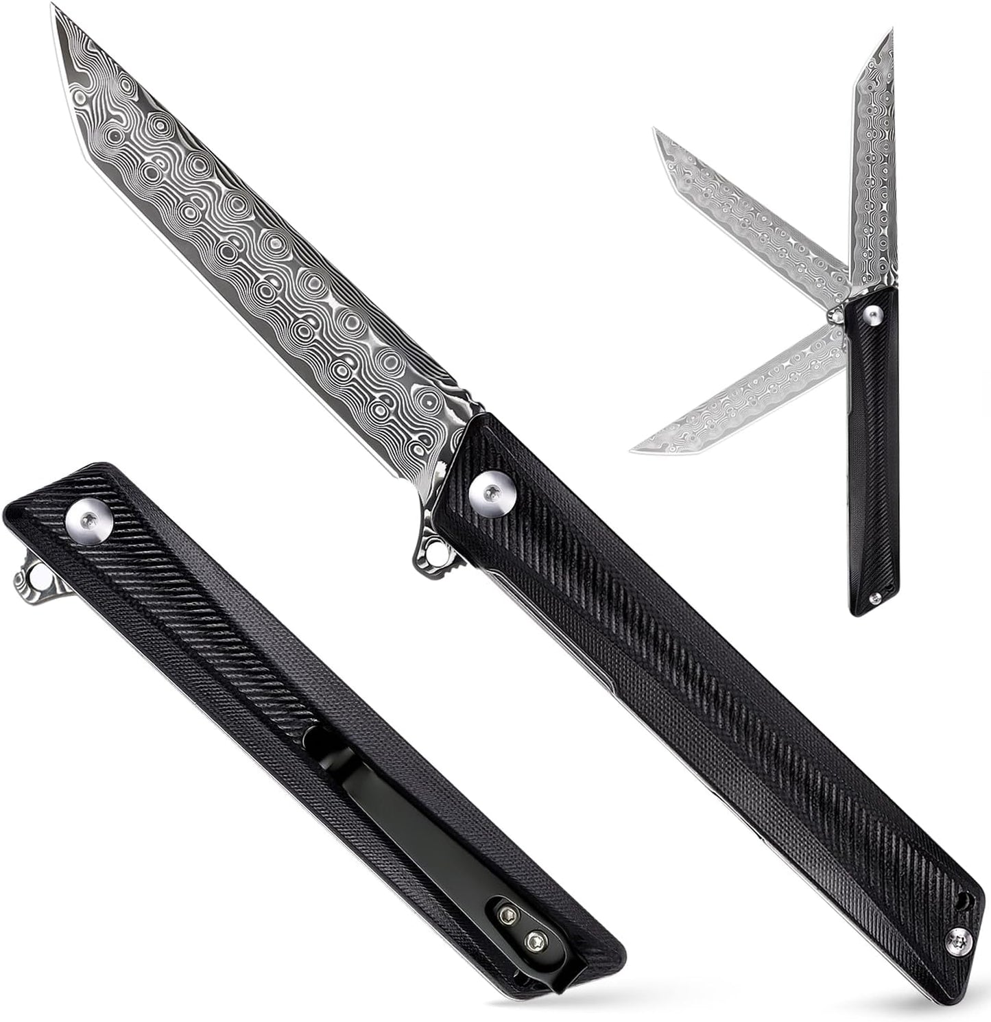 Damascus Pocket Knife GD22K: Flipper Open Tanto Blade EDC Tool