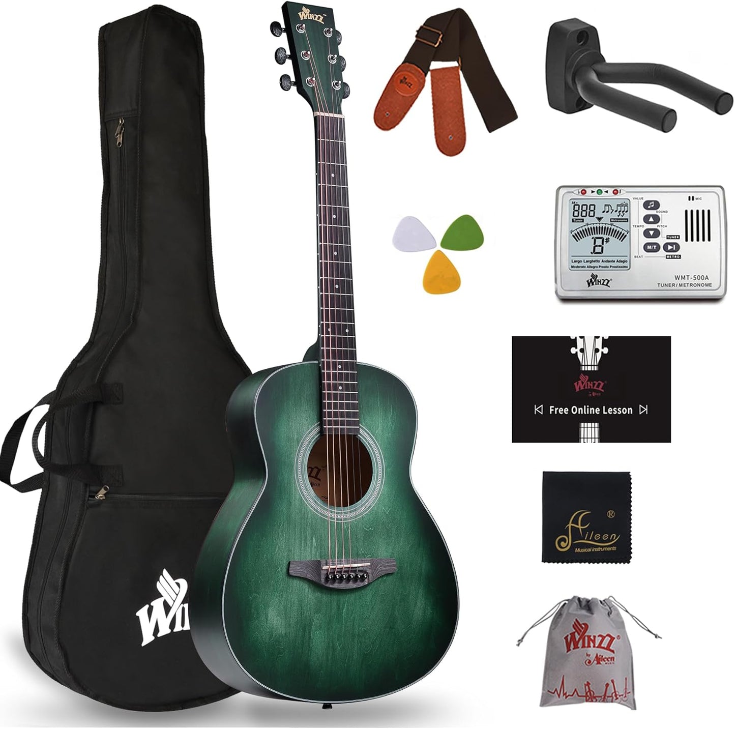 WINZZ 36 Inches Dreadnought Acoustic Guitar Bundle in Dark Green