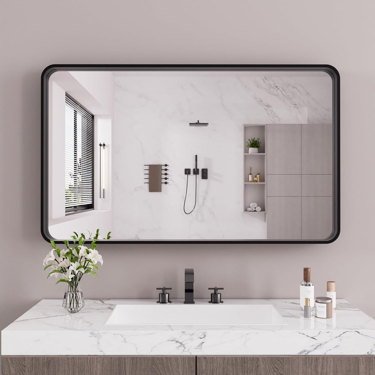 Black Bathroom Mirror 60X40 Inch with Rounded Rectangle Design