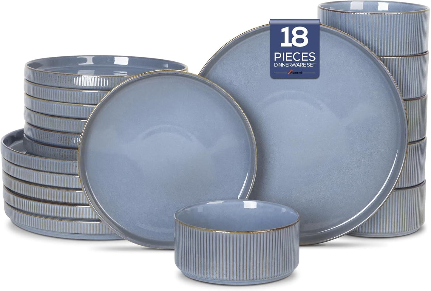 Romswi Ceramic Dinnerware Set: 18Pcs Stoneware Plates & Bowls