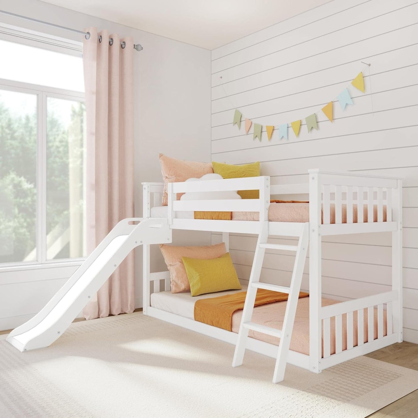 Max & Lily Solid Wood Twin Over Twin Low Bunk Bed with Slide