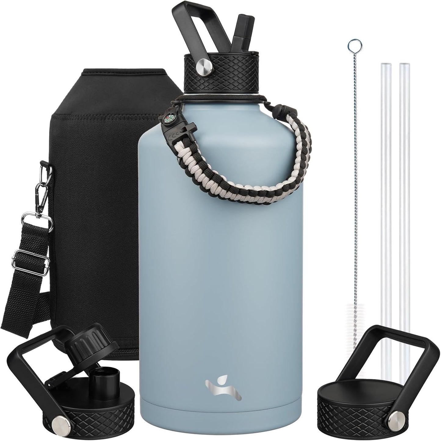 Gallon Insulated Water Bottle with Straw and 3 Lids for Hydration
