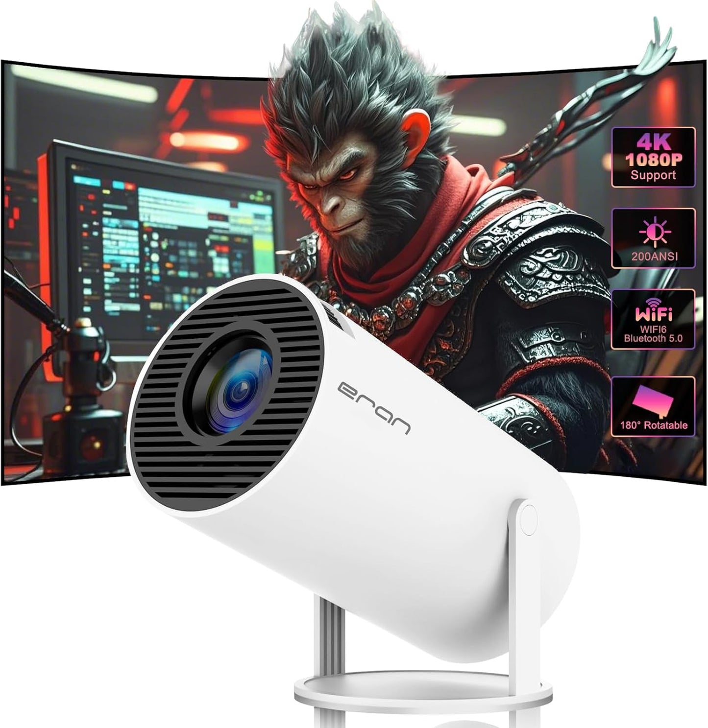 ear&ear HY300 PRO Mini Projector: 4K 1080P, WiFi 6, Android 11, Wireless Bluetooth 5.0, Rotatable, Keystone Correction!