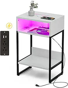 Side Table with Charging Station and LED Nightstand Storage