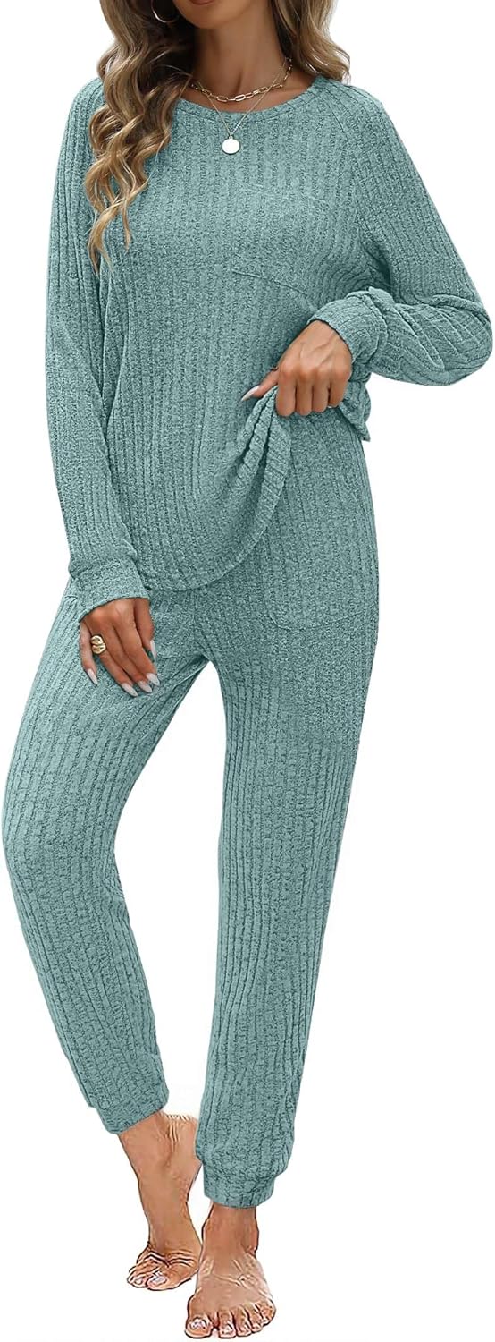 Womens Ribbed Knit Lounge Set - Cozy 2 Piece Pajama Outfit
