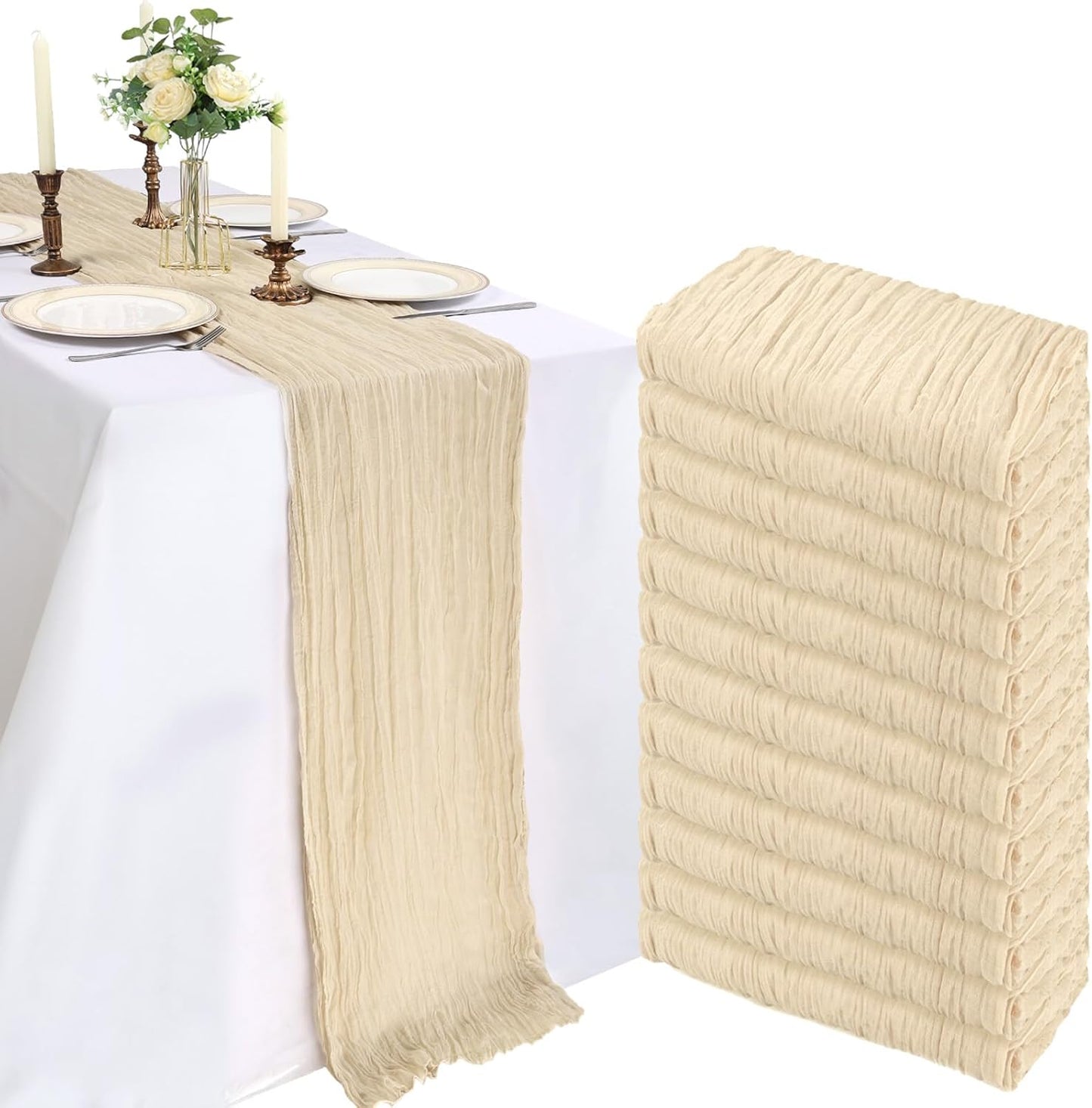 12 Pack 10FT Beige Cheesecloth Table Runner for Rustic Decor