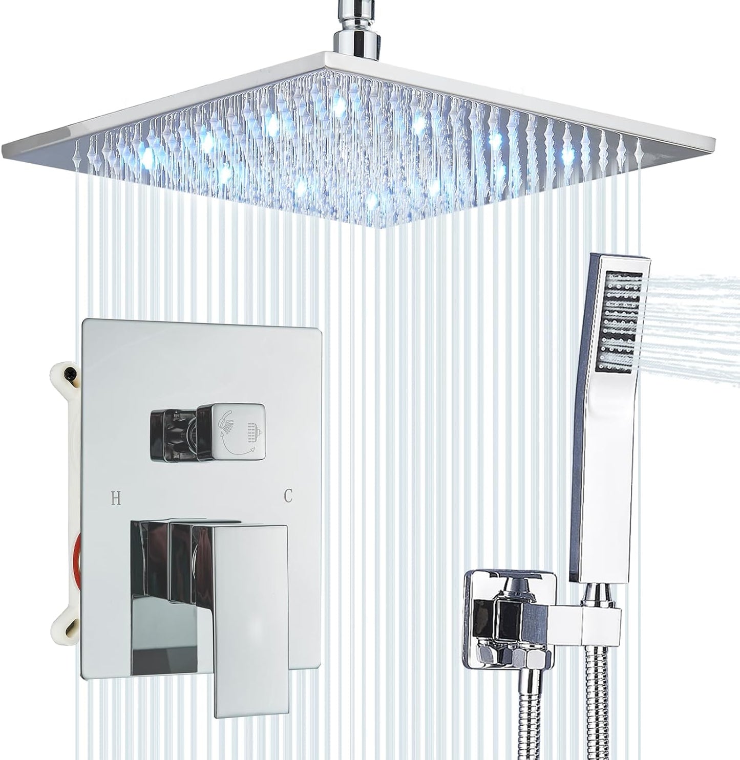 Ceiling Mount Shower Faucet Set with 12 Inch LED Rainfall Head