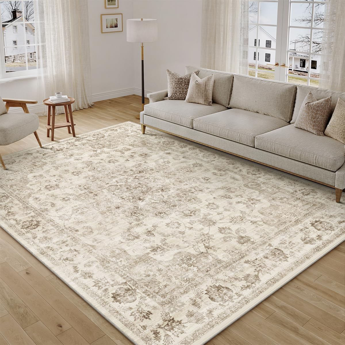 6x9 Washable Neutral Area Rug for Living Room and Bedroom