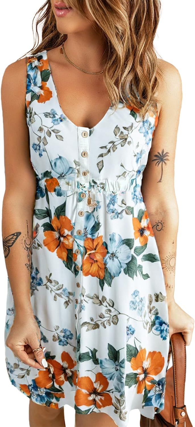 Acelitt Women Summer Casual Sleeveless Button Down Dresses