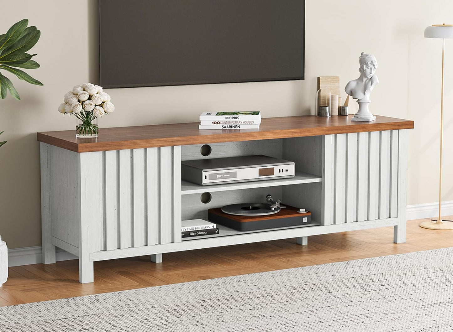 65 Inch TV Stand with Fluted Doors - Elegant White Finish