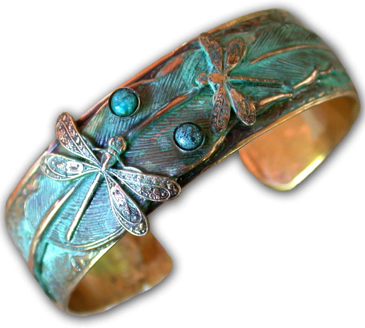 Patina Dragonflies on Feather Cuff Bracelet with Turquoise Stone