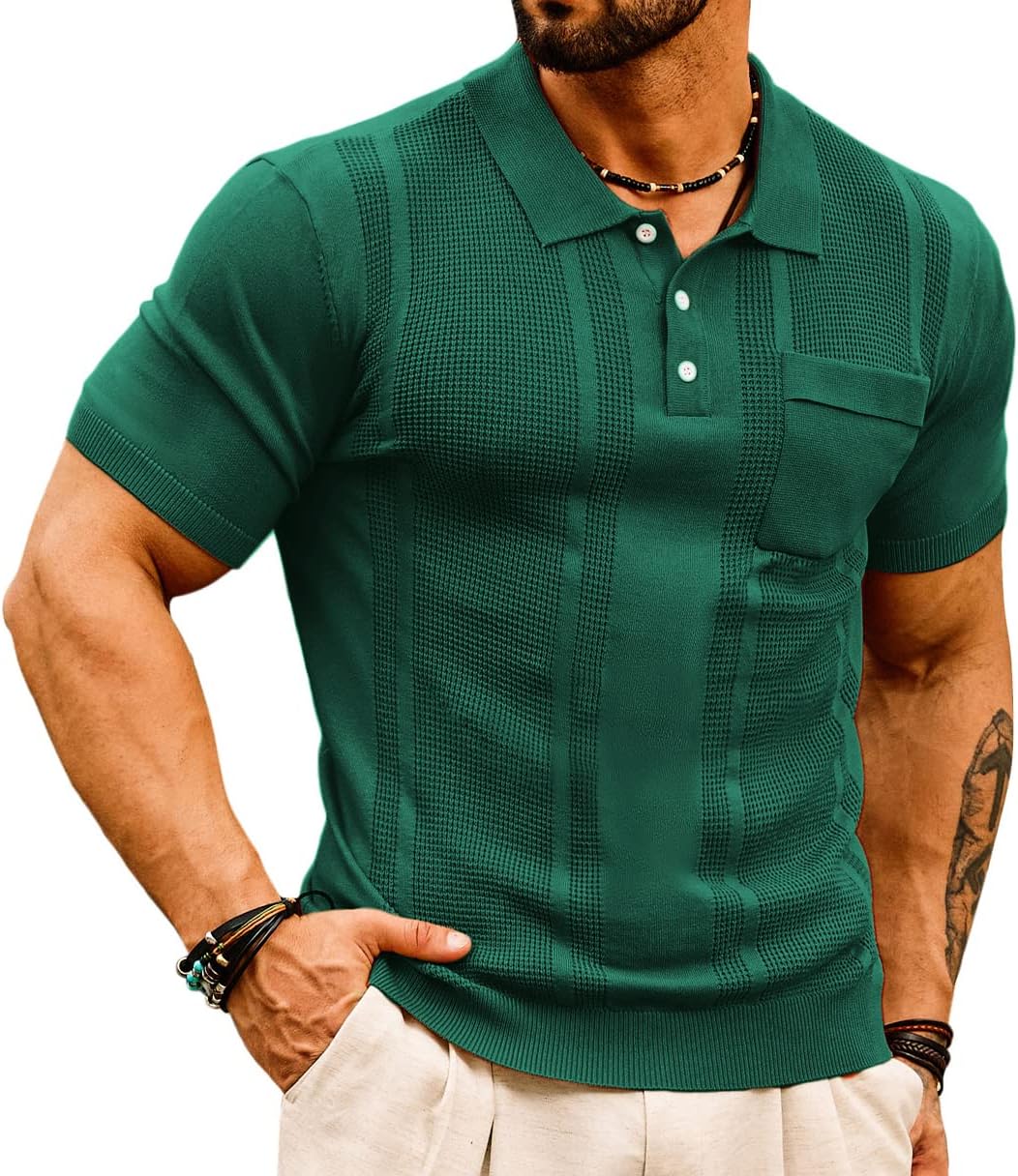 Mens Knit Polo Shirts Short Sleeve Lightweight Waffle Golf Sweater