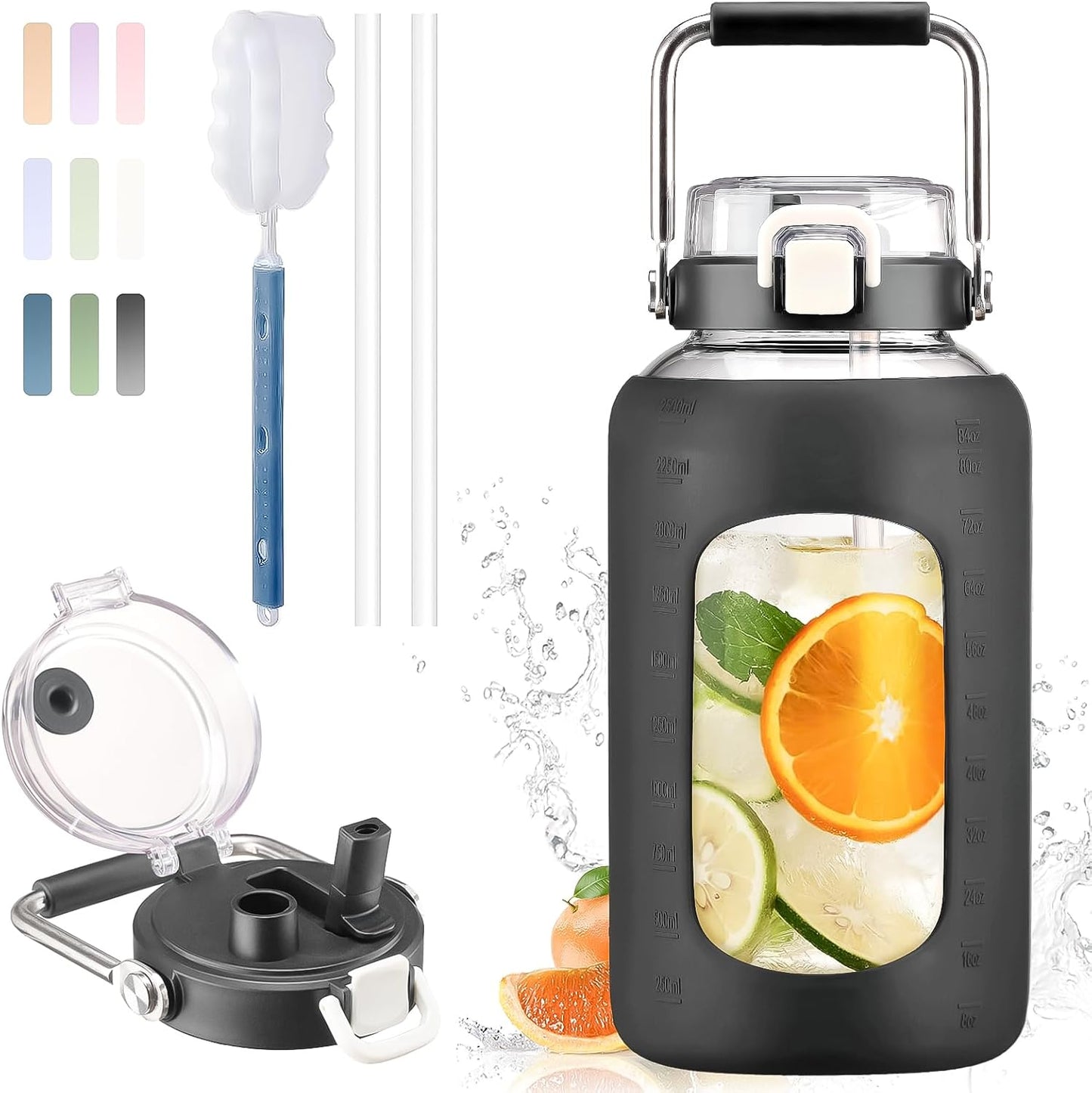 BLUEGO 84oz Glass Water Bottle with Time Markers and Handle