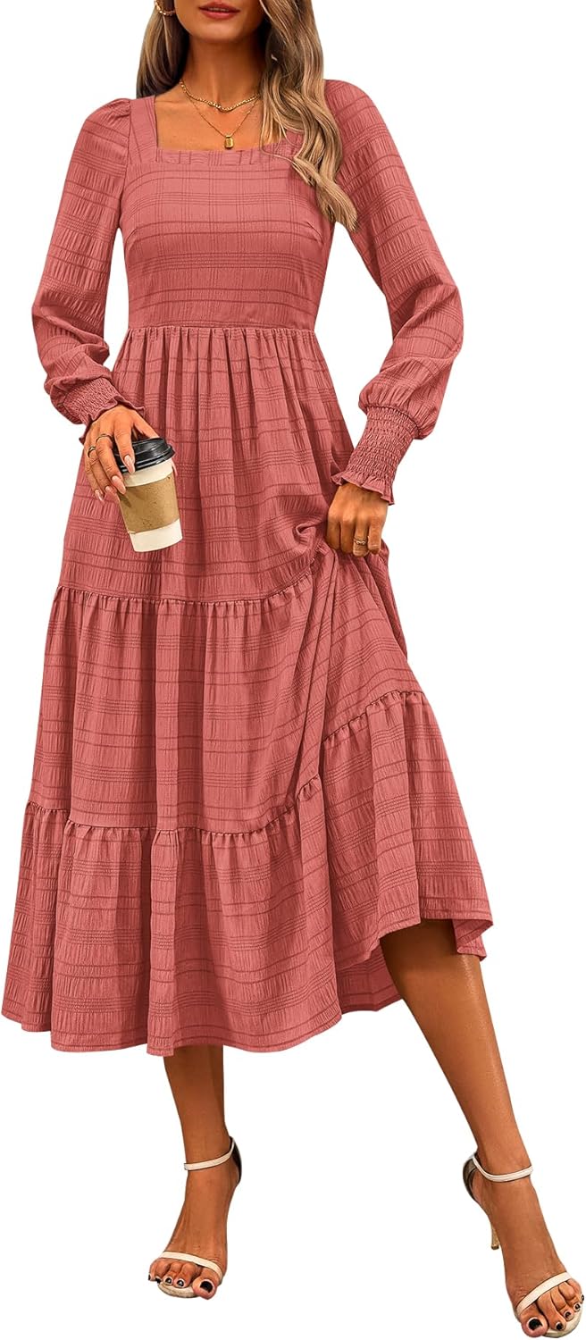 CFLONGE Women's Fall Dresses 2025 Puff Long Sleeve Maxi Dress