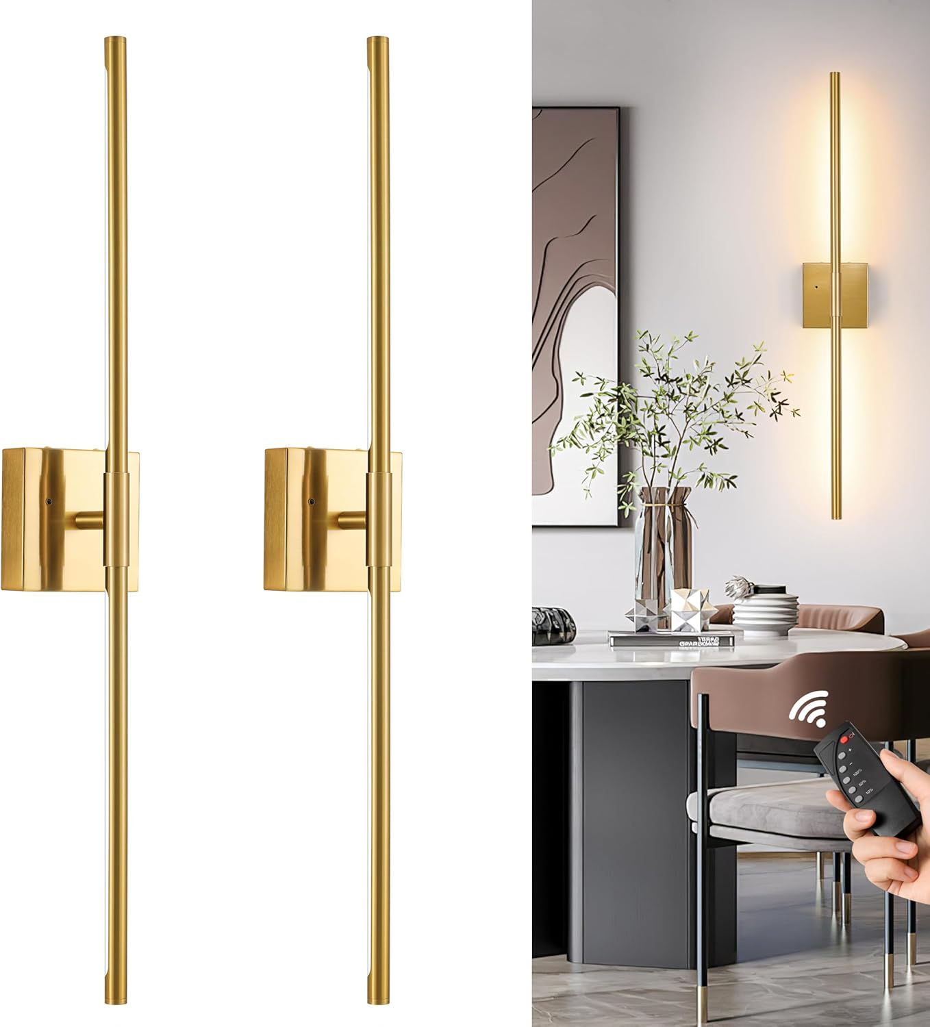 Gold Battery Operated Wall Sconces with Remote Control for Home