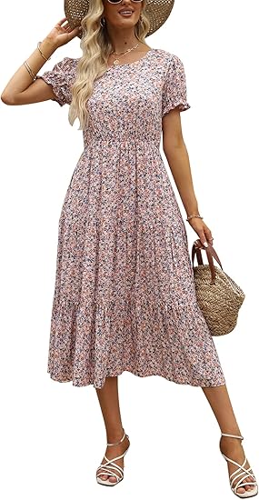 NAVINS Women Floral Print Puff Sleeve Tiered A-Line Midi Dress