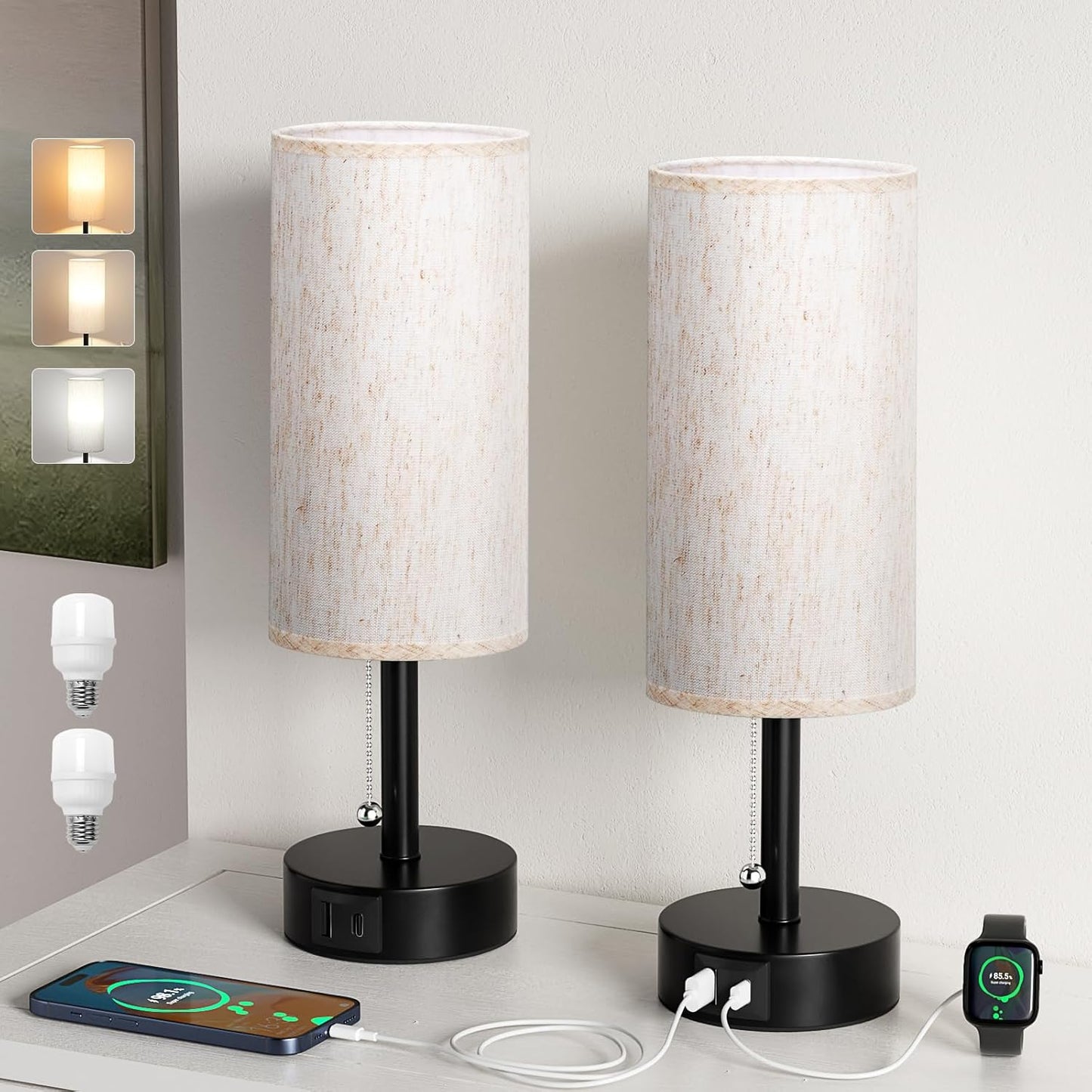 USB Bedside Table Lamps Set of 2 with 3 Color Temperatures