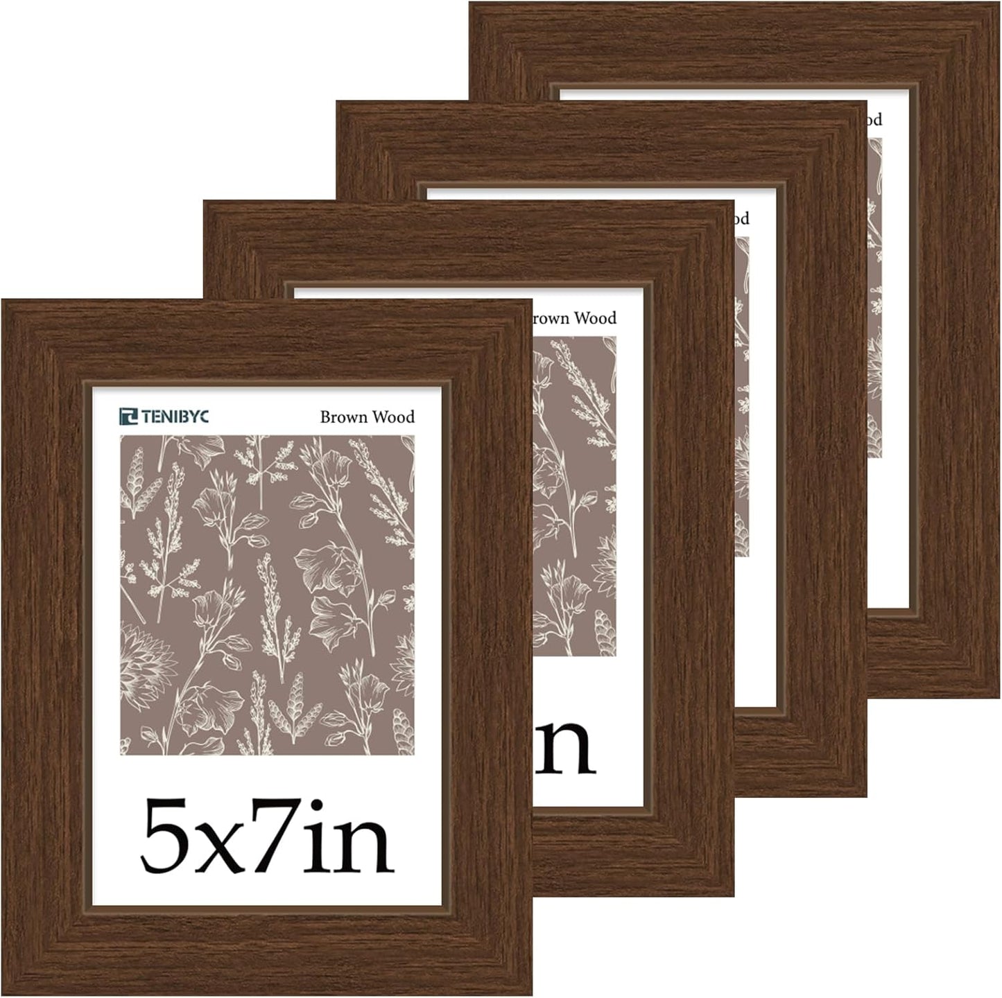 5x7 Picture Frame 4 Pack - Elegant Brown Wood Design