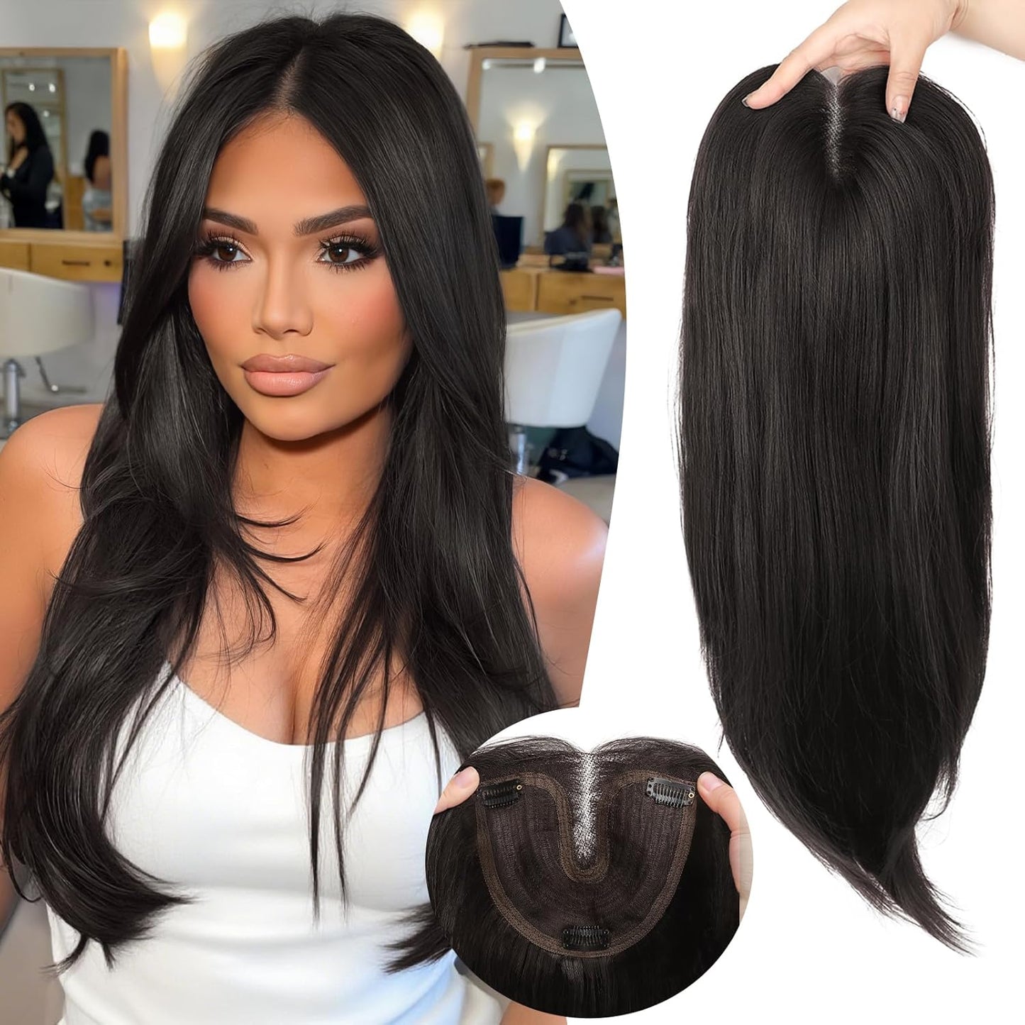 Soft Black Hair Toppers for Women with Thinning Hair 24 Inch