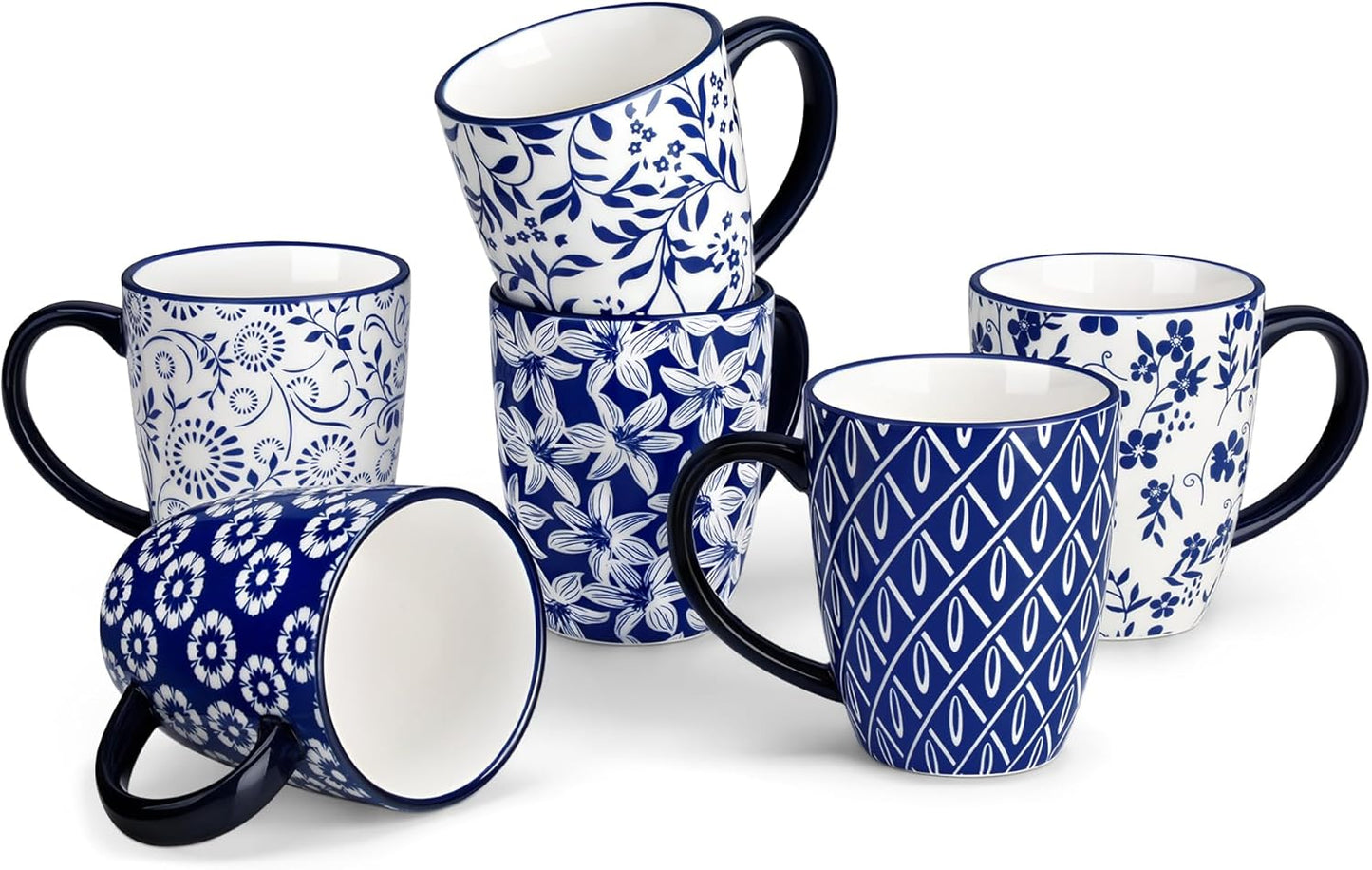 Vintage Blue Coffee Mugs Set of 6 for Tea, Cocoa, and More