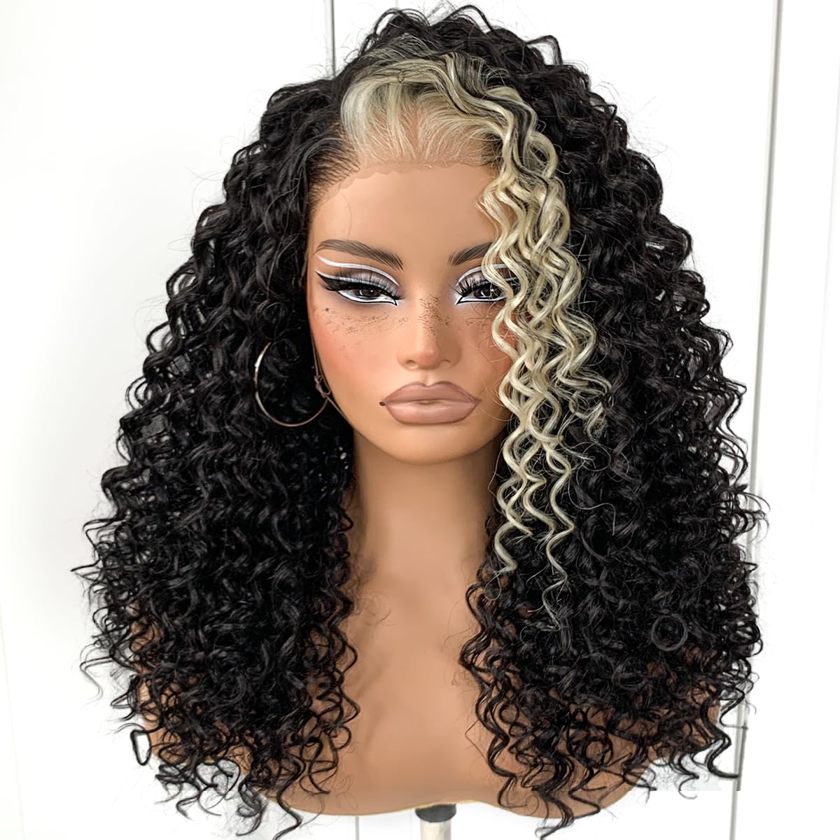 13x6 Skunk Stripe Curly Wig - Glueless Synthetic HD Lace Front