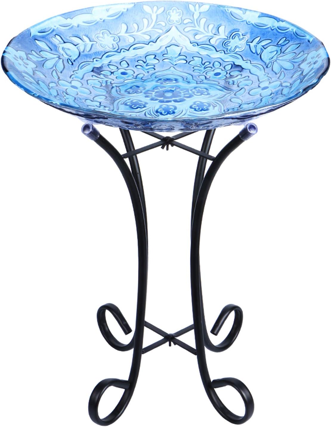MUMTOP Outdoor Glass Birdbath with Metal Stand for Garden Decor