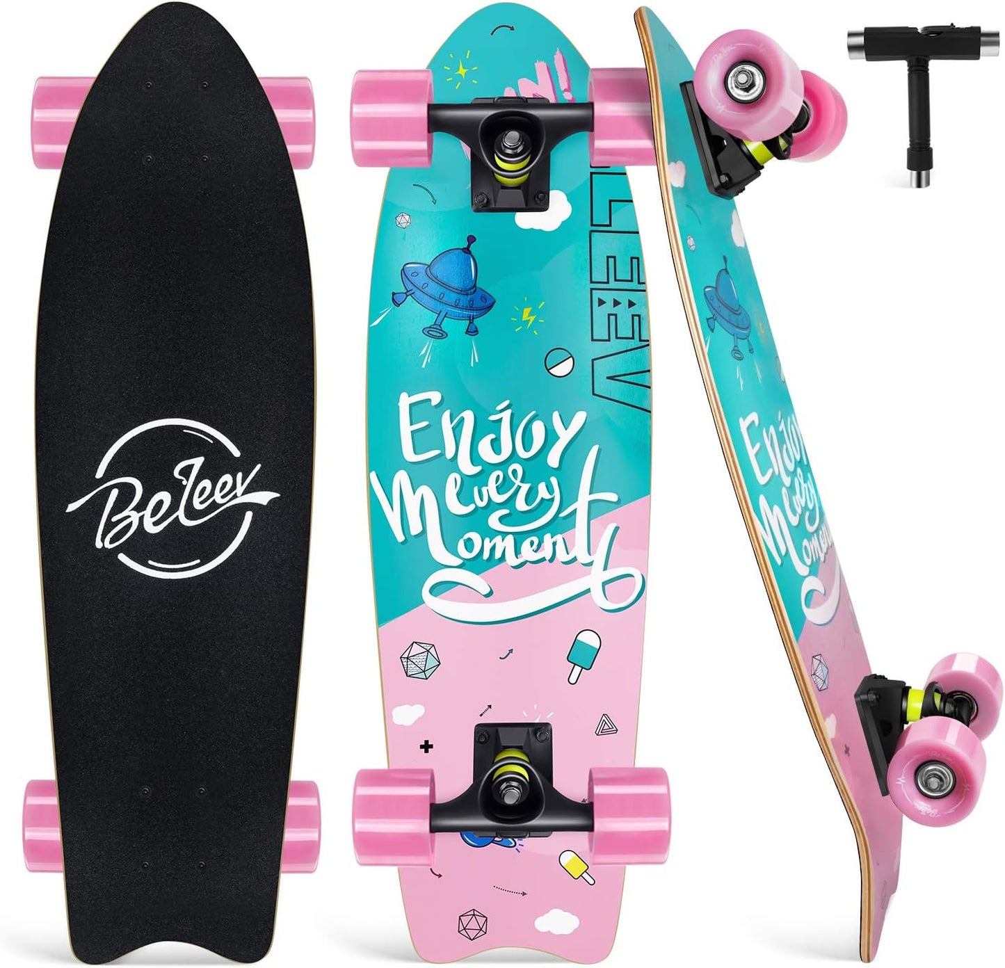 BELEEV Cruiser Skateboard for Beginners - 27 x 8 inch Board