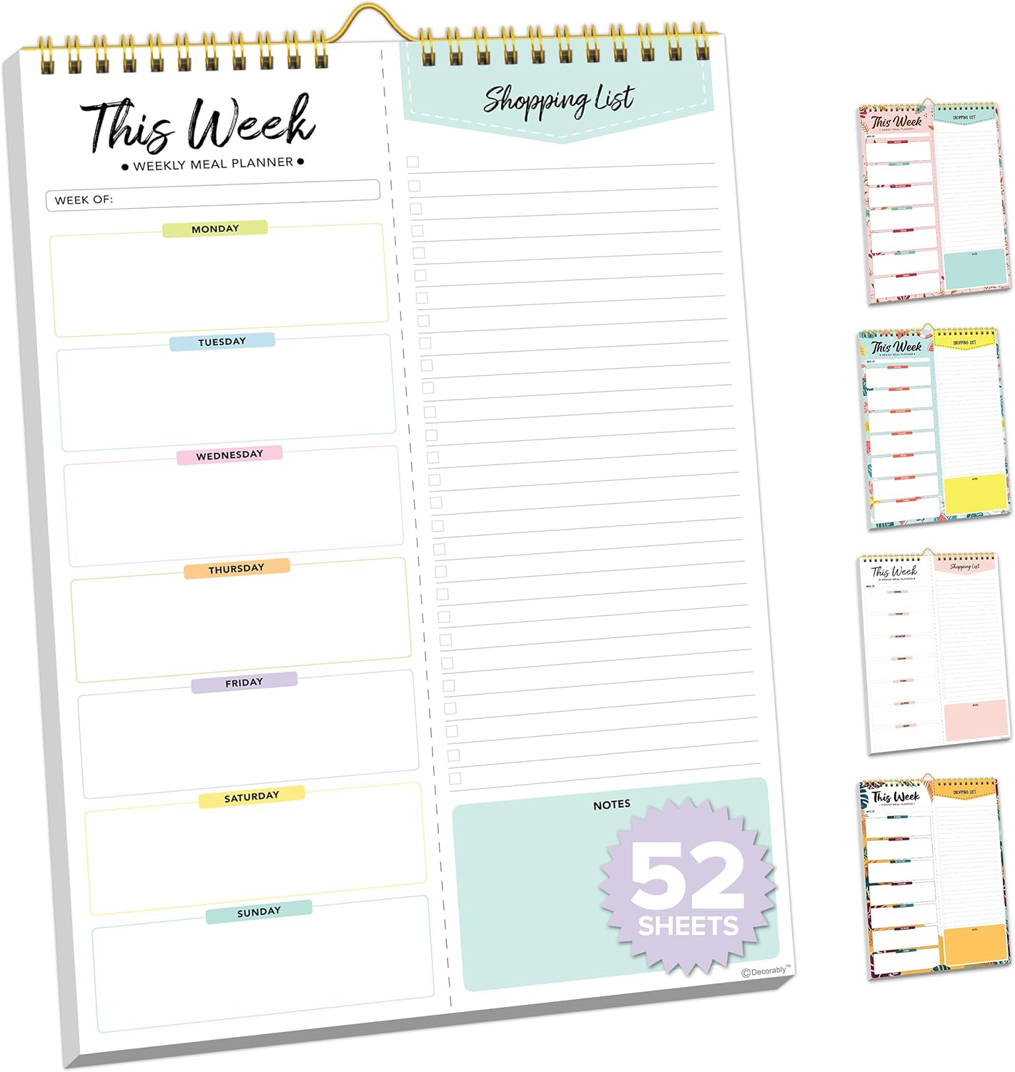 52 Sheets Pastel Rainbow Meal Planner, Grocery List, 7x10in