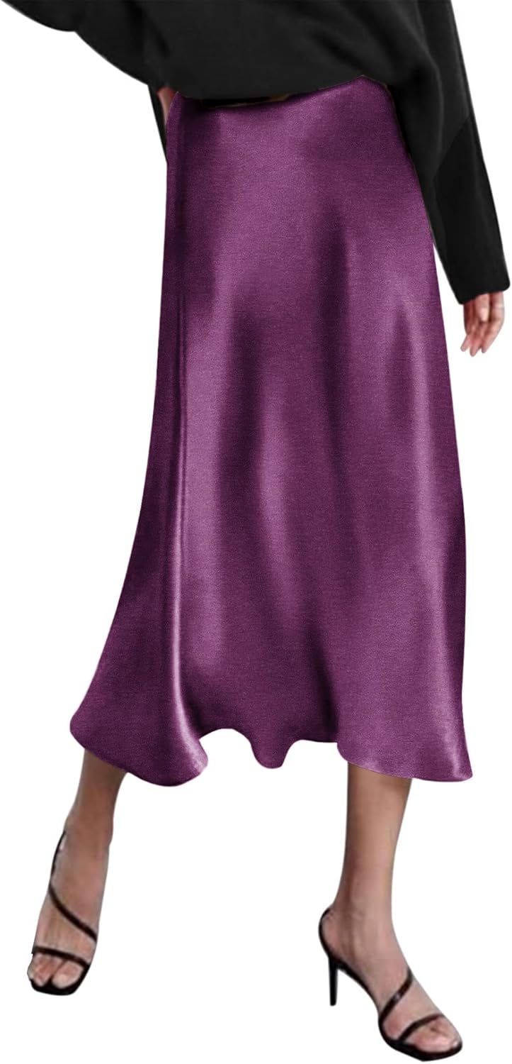 Elegant High Waist Satin Midi Skirt for Women by Zeagoo