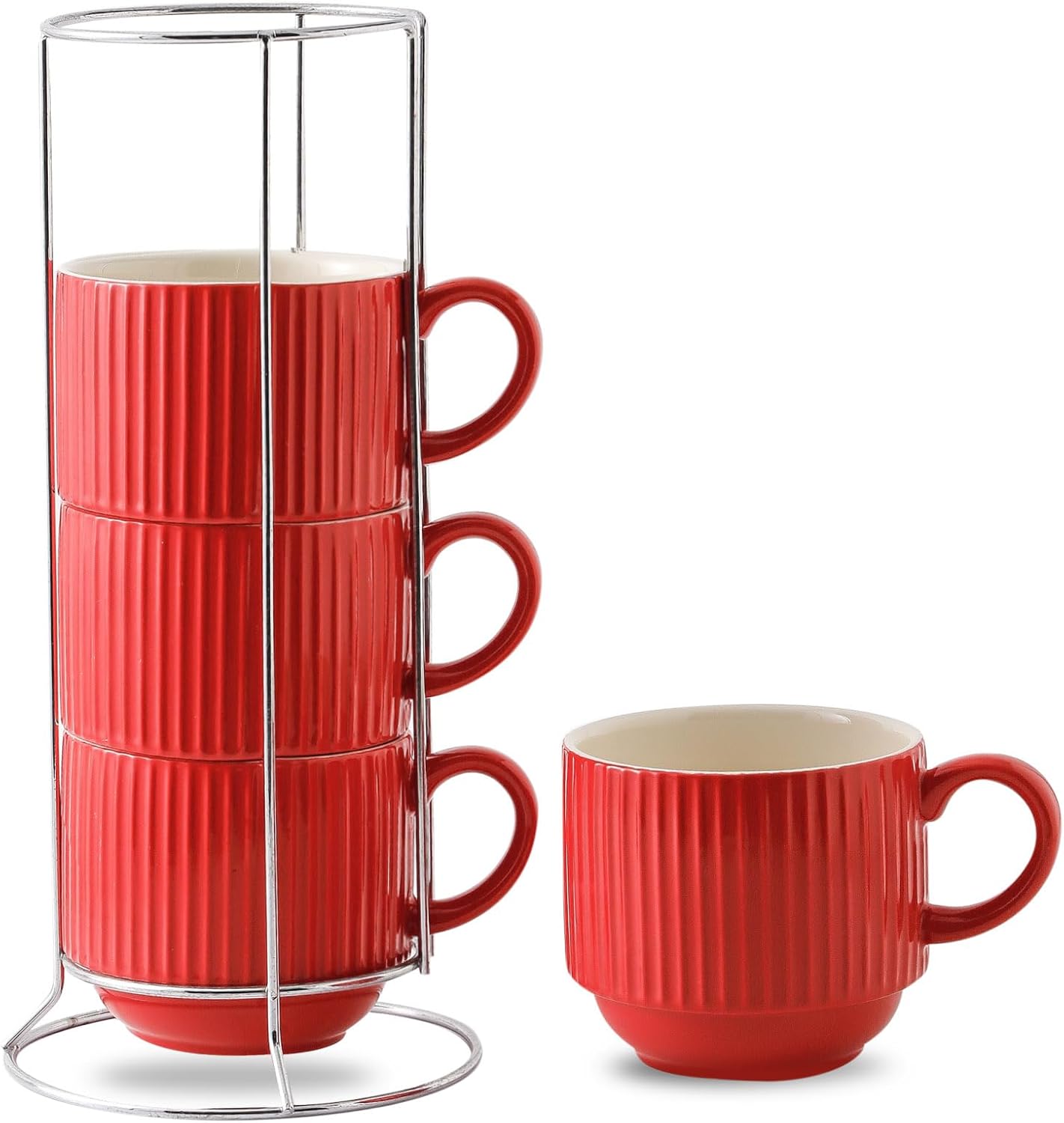 Hasense Red Coffee Mugs Set of 4 with Rack - Stylish & Durable