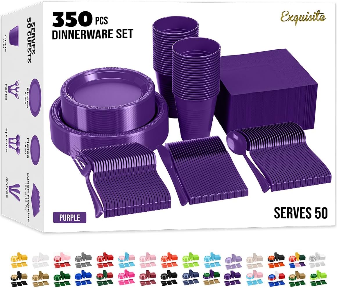 350 Pcs Purple Plastic Plates Set for Parties and Gatherings