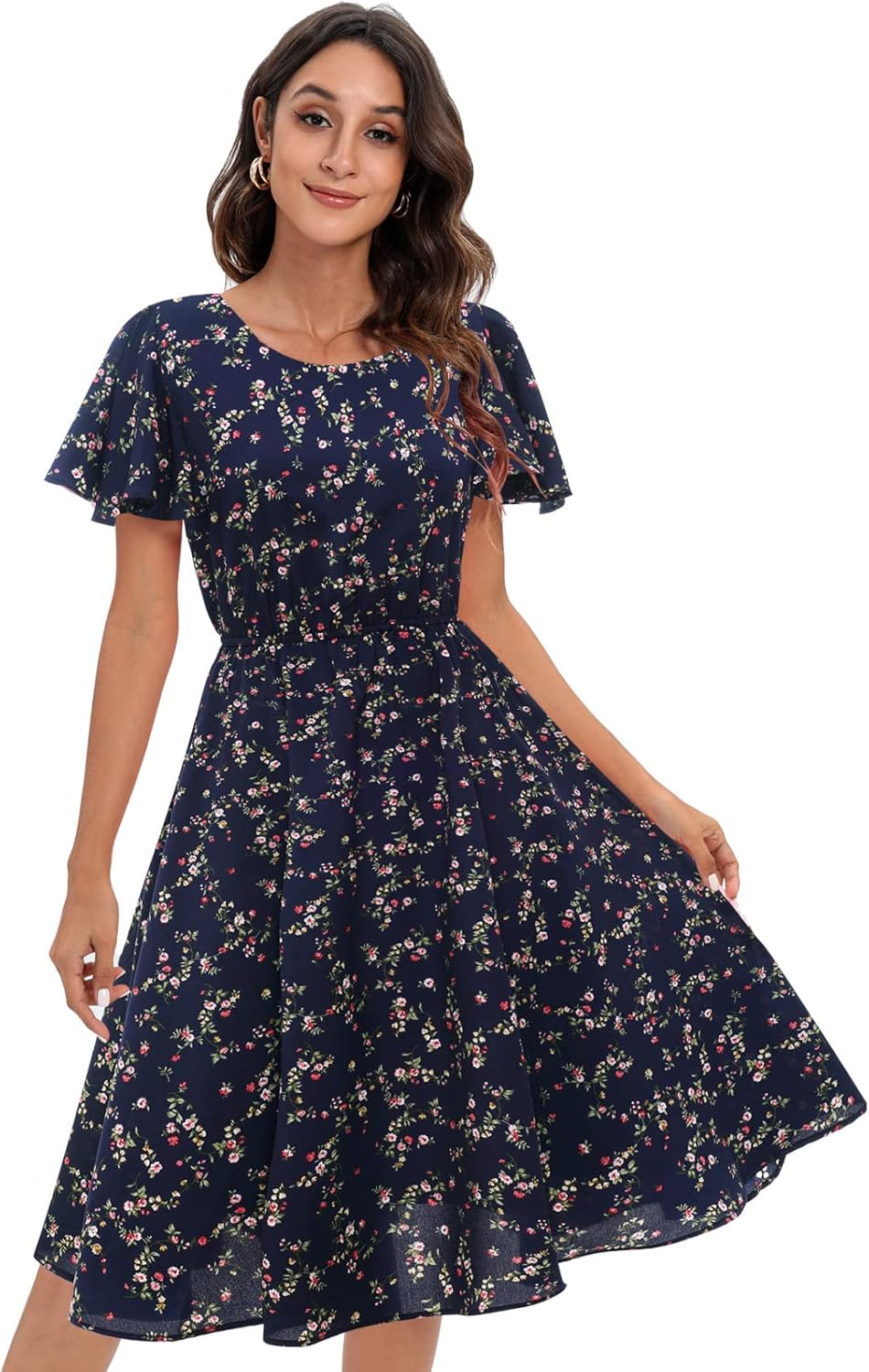 Chiffon Floral Dresses for Women with Elastic Waist Comfort